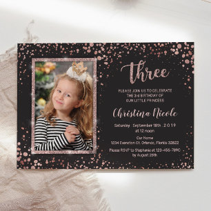Rose Gold Confetti Modern 3rd Birthday Girls Photo Invitation