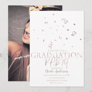 Rose Gold Confetti Modern Graduation Party Photo Invitation
