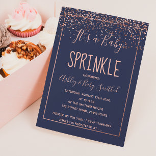 Rose gold confetti navy blue baby sprinkle shower invitation