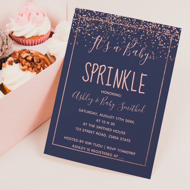 Rose gold confetti navy blue baby sprinkle shower invitation (Creator Uploaded)