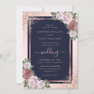 Rose Gold Confetti Navy Blue Blush Floral Wedding Invitation