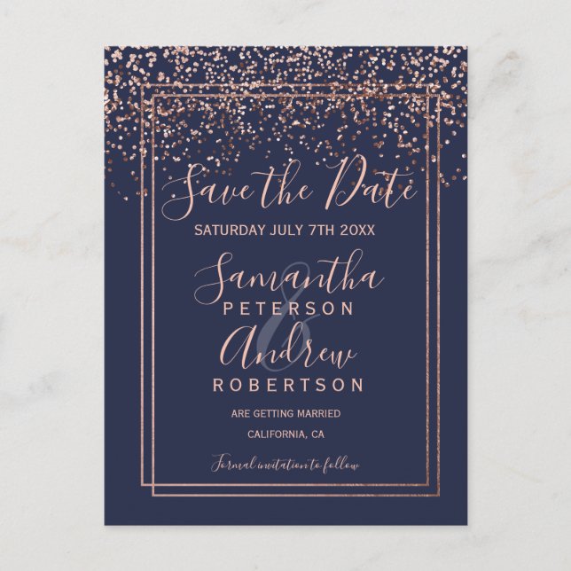 Rose gold confetti navy blue border save the date announcement postcard (Front)