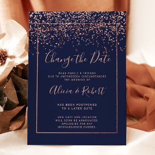 Rose gold confetti navy blue change the date announcement postcard