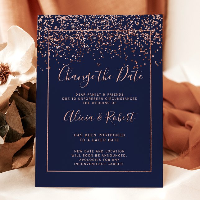 Rose gold confetti navy blue change the date announcement postcard (Rose gold confetti navy blue change the date announcement postcard)