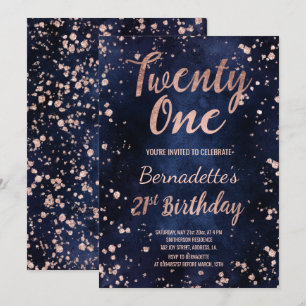 Rose gold confetti navy blue chic  21st Birthday Invitation