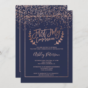 Rose gold confetti navy blue chic first communion invitation