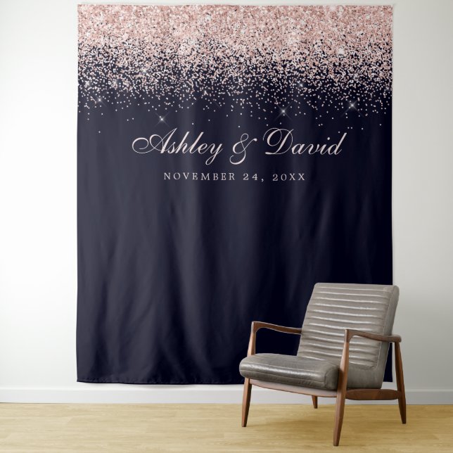 Rose Gold Confetti Navy Blue Photo Booth Backdrop Tapestry (In Situ)