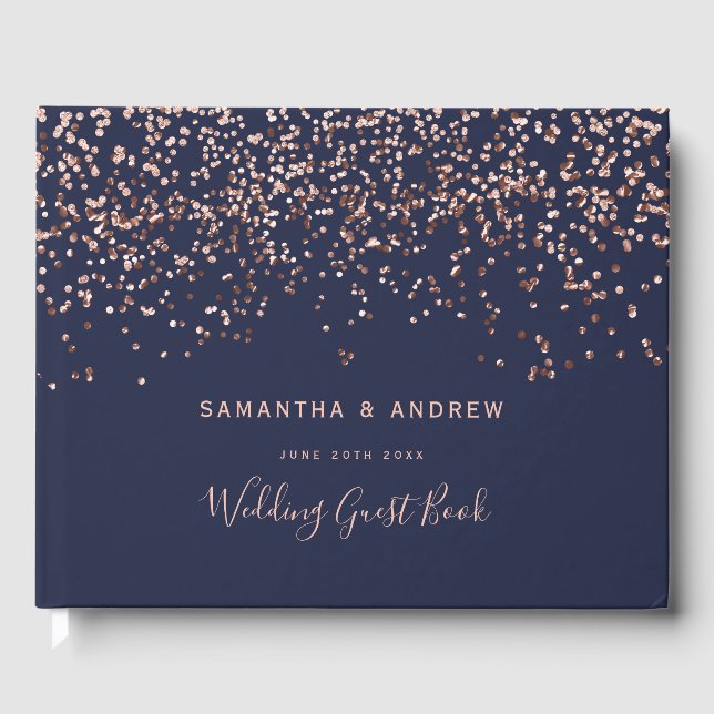 Rose gold confetti navy blue photo wedding guest book (Front)