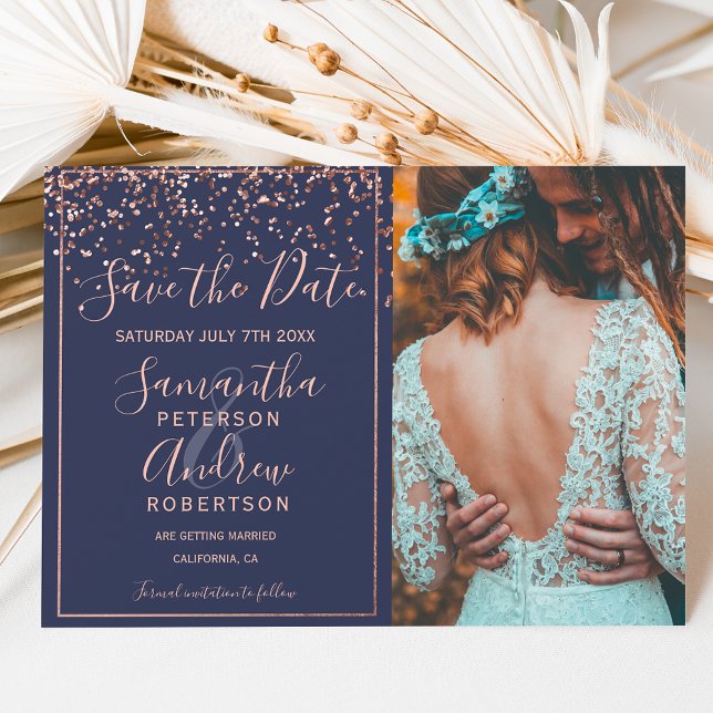 Rose gold confetti navy blue save the date photo (Creator Uploaded)