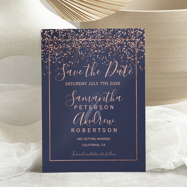 Rose gold confetti navy blue save the date wedding (Creator Uploaded)