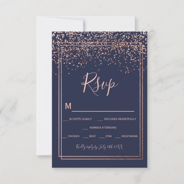 Rose gold confetti navy blue script border rsvp card (Front)