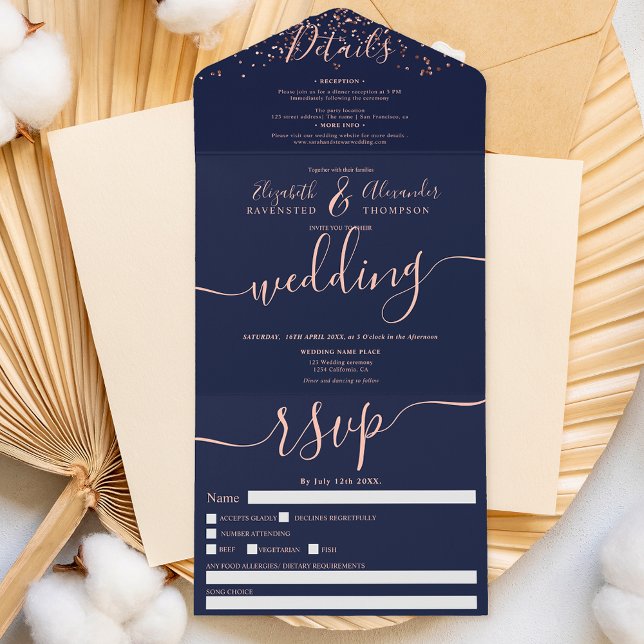 Rose gold confetti navy blue script wedding all in one invitation (Creator Uploaded)