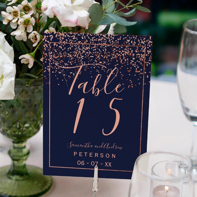 Rose gold confetti navy blue script wedding table number (Creator Uploaded)