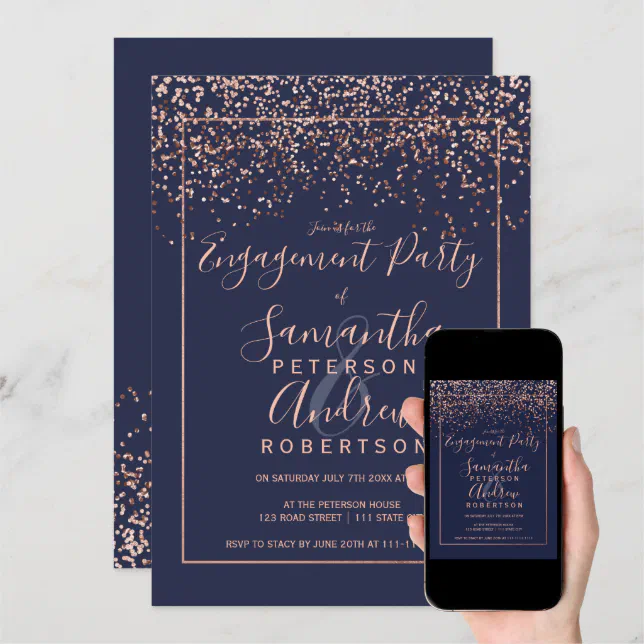 Rose Gold Confetti Navy Blue Typography Engagement Invitation Zazzle