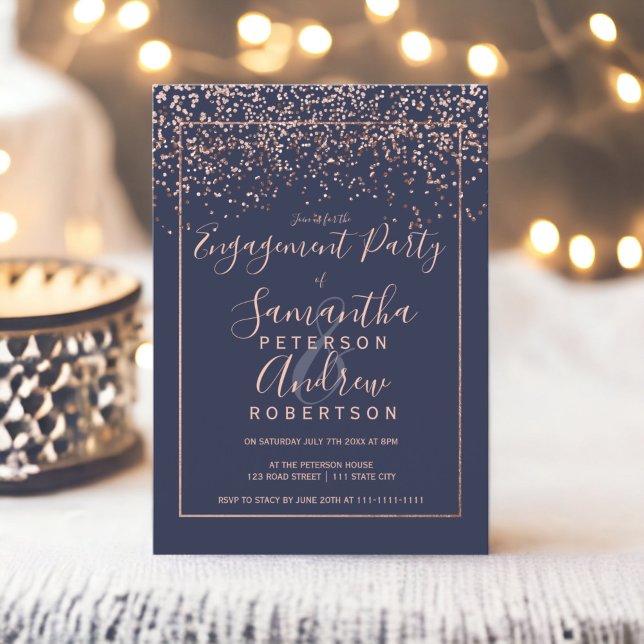 Rose gold confetti navy blue typography engagement invitation (Rose gold confetti navy blue typography engagement invitation)