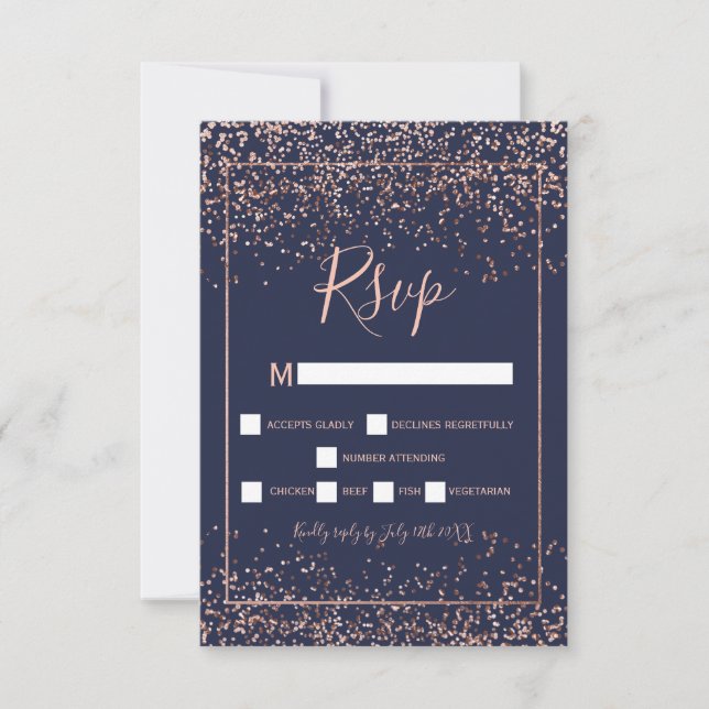 Rose gold confetti navy blue typography rsvp card (Front)