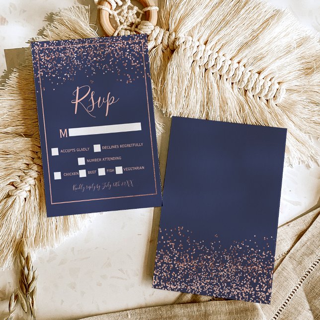 Rose gold confetti navy blue typography rsvp card (Creator Uploaded)