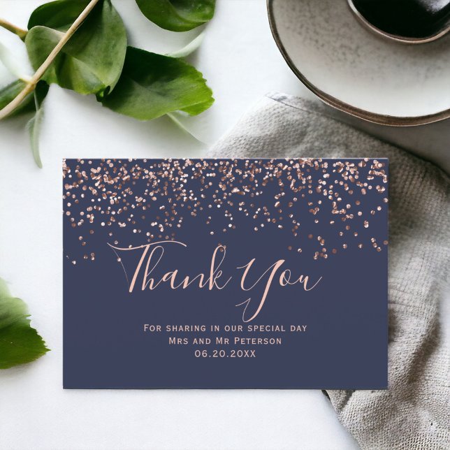 Rose gold confetti navy blue typography thank you card (Rose gold confetti navy blue typography thank you card)