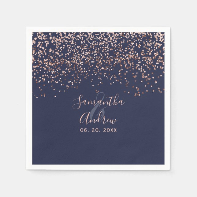 Rose gold confetti navy blue typography wedding napkin (Front)