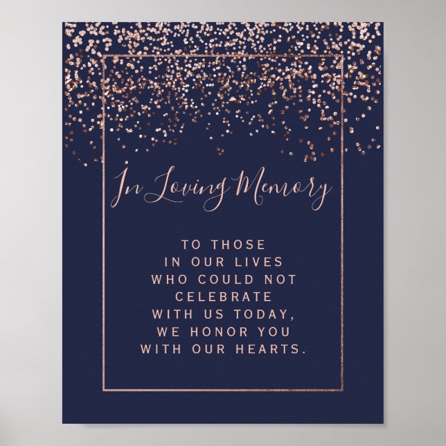 Rose gold confetti navy blue wedding memorial sign (Front)