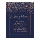 Rose gold confetti navy blue wedding memorial sign