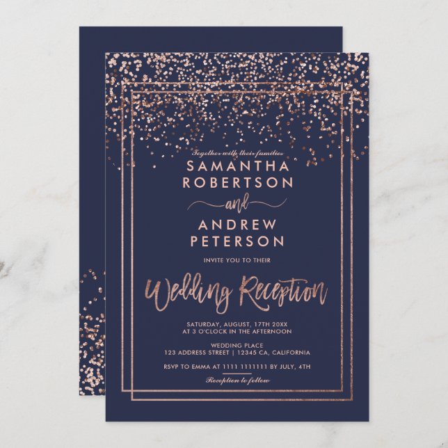Rose gold confetti navy blue wedding reception invitation (Front/Back)