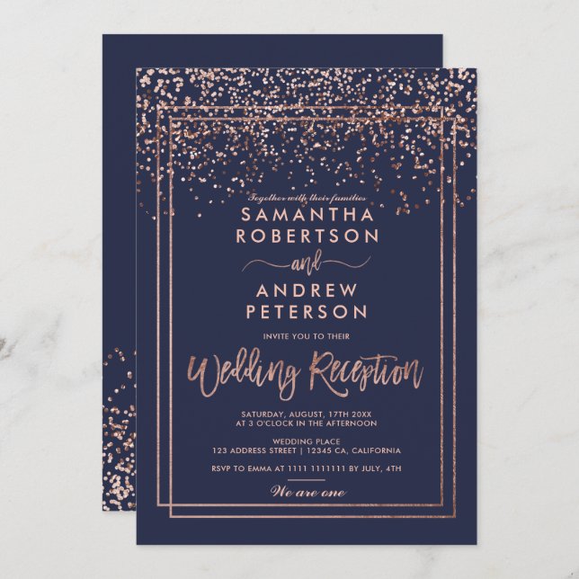 Rose gold confetti navy blue wedding reception  invitation (Front/Back)