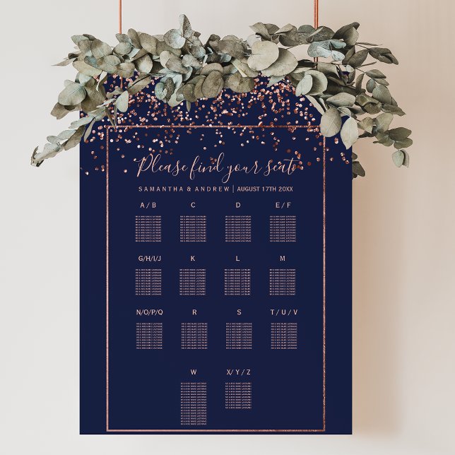 Rose gold confetti navy blue wedding seating chart (Rose gold confetti navy blue wedding seating chart)