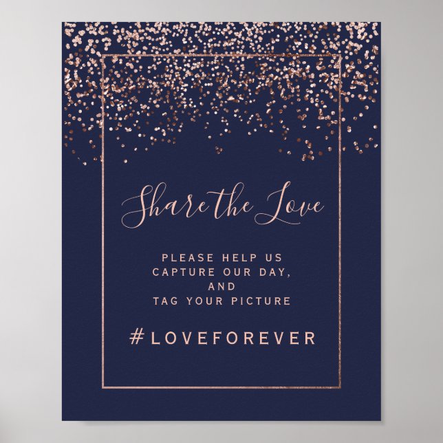 Rose gold confetti navy blue wedding sign (Front)