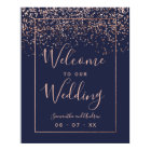 Rose gold confetti navy blue wedding welcome
