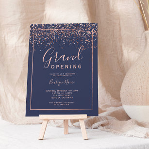 Rose gold confetti navy typography grand opening invitation