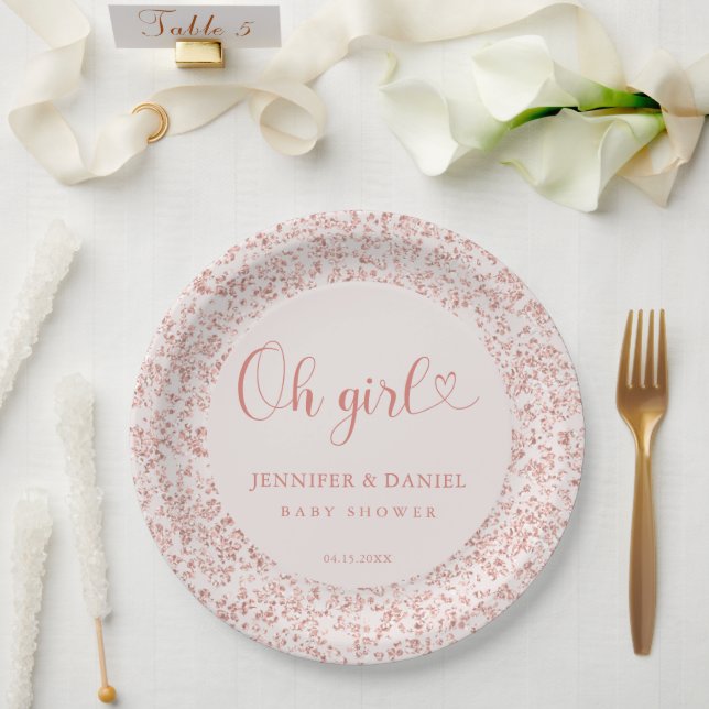 Rose Gold Confetti Oh Girl Chic Circle Paper Plate (Wedding)