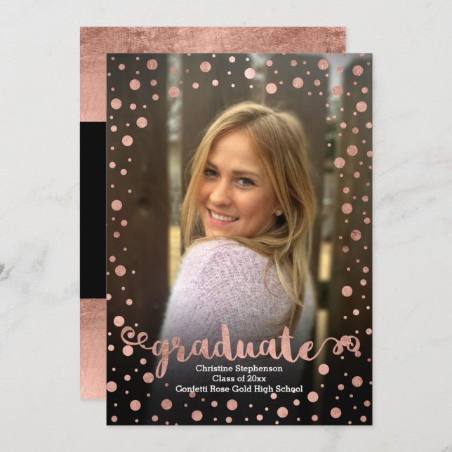 Rose Gold Confetti Photo Graduation Invitation (Front/Back)