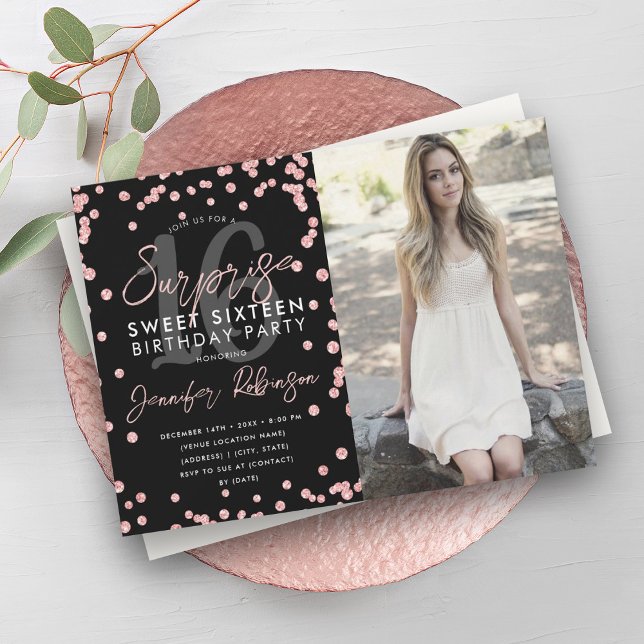 Rose Gold Confetti Photo Surprise Sweet 16  Invitation (Rose Gold Confetti Photo Surprise Sweet 16 Invitation)