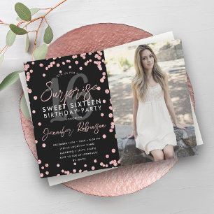 Rose Gold Confetti Photo Surprise Sweet 16  Invitation
