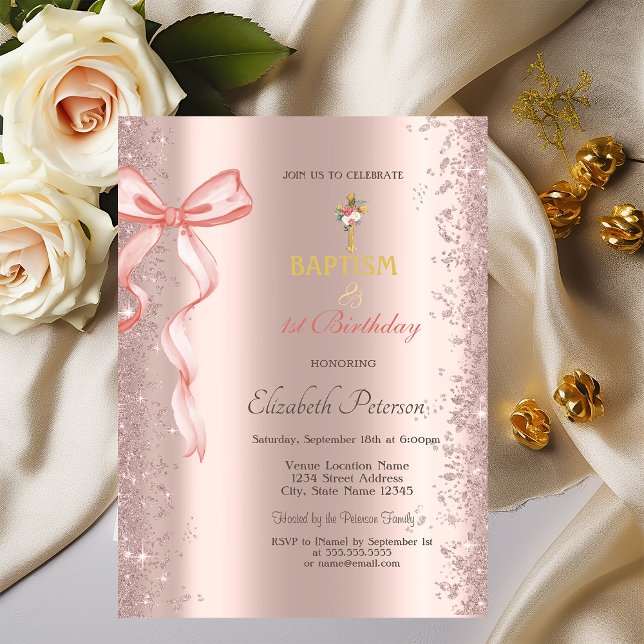 Rose Gold Confetti Pink Bow Baptism and Birthday Invitation (Creator Uploaded)