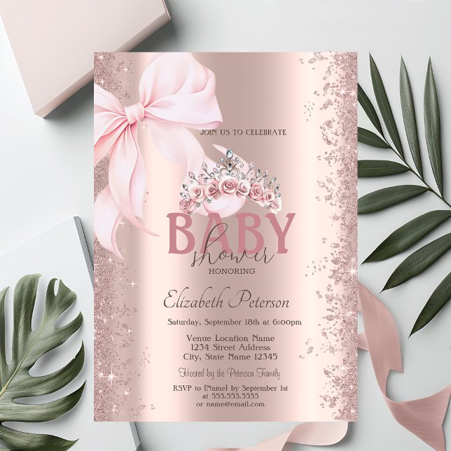 Rose Gold Confetti Pink Bow Crown Baby Shower Invitation (Creator Uploaded)