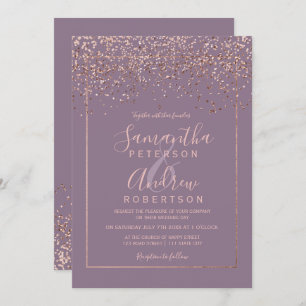 Rose gold confetti purple typography wedding invitation