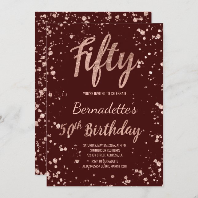 Rose gold confetti red burgundy 50th Birthday Invitation (Front/Back)