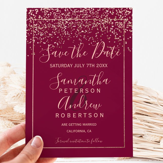 Rose gold confetti red burgundy save the date (Creator Uploaded)