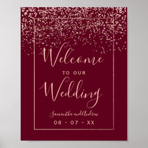 Rose gold confetti red burgundy wedding welcome poster