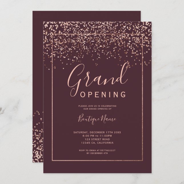Rose gold confetti red typography grand opening invitation (Front/Back)