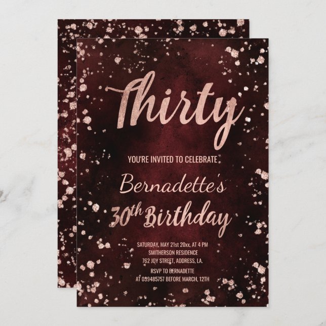 Rose gold confetti red watercolor 30th Birthday Invitation (Front/Back)