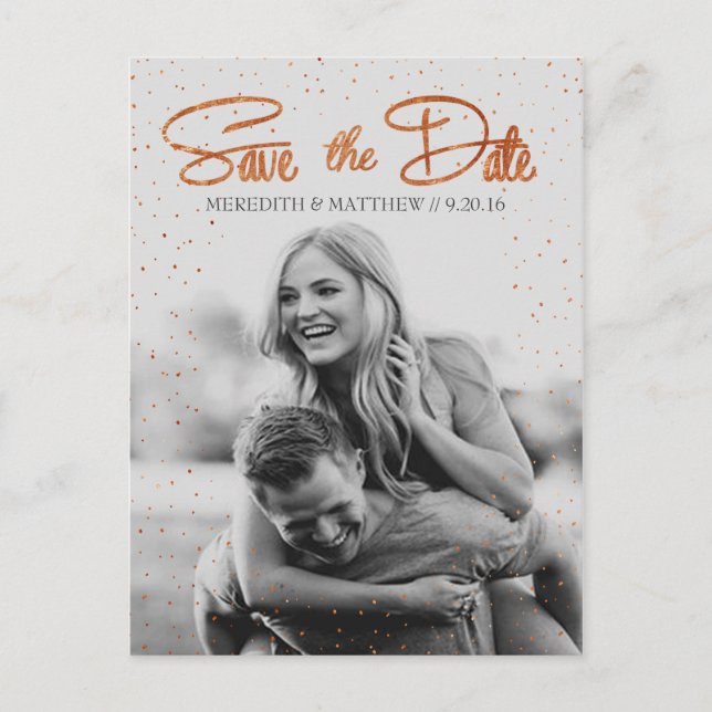 Rose Gold Confetti Save the Date Postcard (Front)