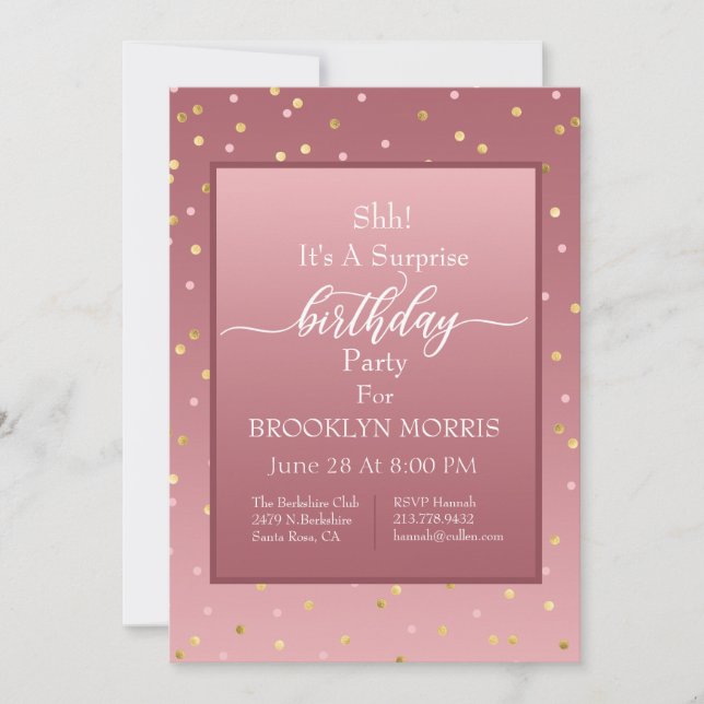 Rose Gold Confetti Surprise Birthday Party Invitation (Front)