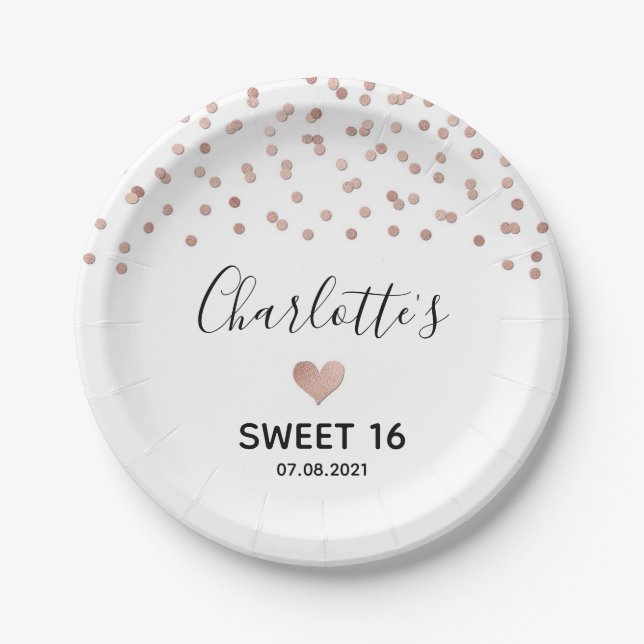 Rose Gold Confetti Sweet 16 Birthday Party Paper Plate (Front)