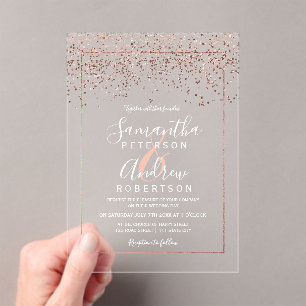Rose gold confetti typography clear wedding acrylic invitations
