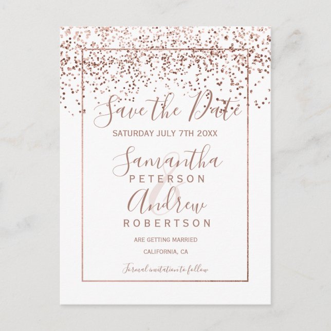 Rose gold confetti white script save the date announcement postcard (Front)