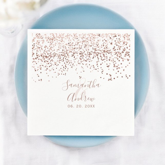 Rose gold confetti white typography wedding napkin (Rose gold confetti white typography wedding napkins)
