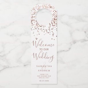 Rose gold confetti white welcome wedding bottle tag